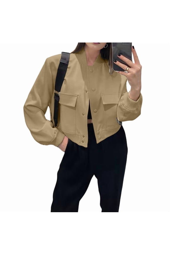 Women'S Cropped Varsity Jackets Long Sleeve Button Down Casual Coat with Pockets Outwear Khaki L