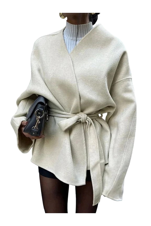 Women'S Cropped Wool Blend Pea Coat Wrap V Neck Belted Short Trench Overcoat Jacket Dressy Outwear Color M