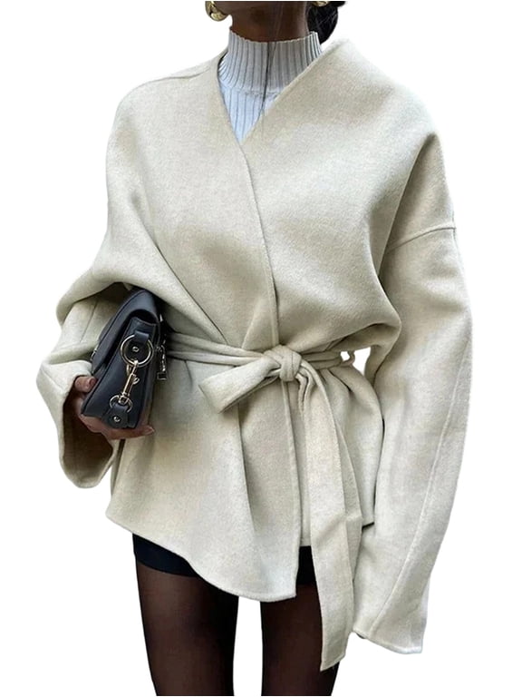 Women'S Cropped Wool Blend Pea Coat Wrap V Neck Belted Short Trench Overcoat Jacket Dressy Outwear Color S