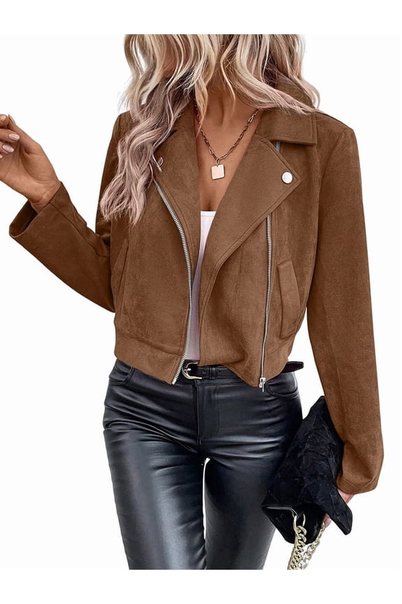 Women'S Cropped Zipper Long Sleeve Suede Faux Leather Blazer Jacket Autumn Fashion Outerwear Coffee S