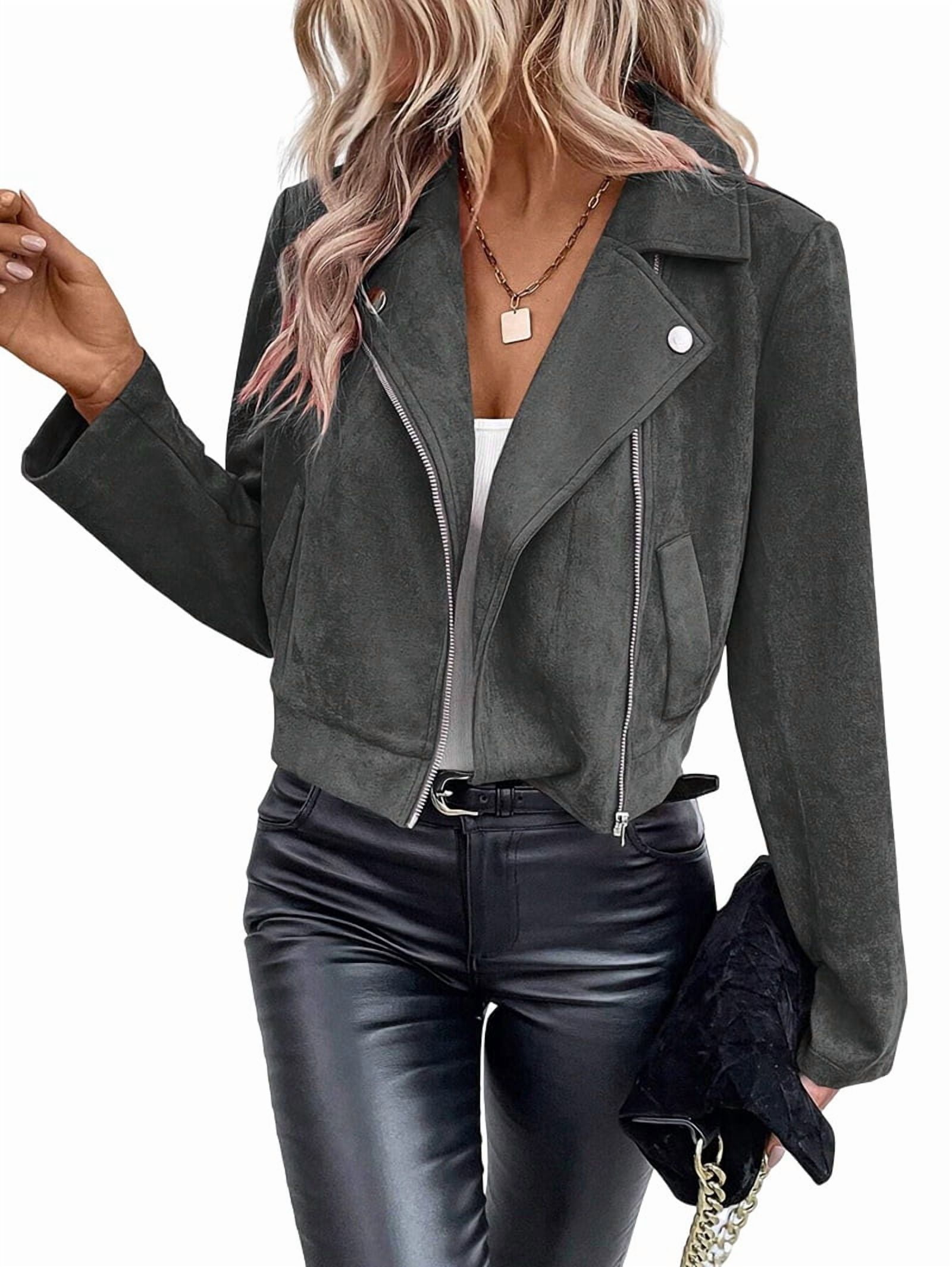 Women'S Cropped Zipper Long Sleeve Suede Faux Leather Blazer Jacket Autumn Fashion Outerwear Dark Grey S