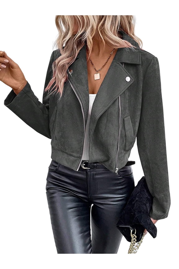 Women'S Cropped Zipper Long Sleeve Suede Faux Leather Blazer Jacket Autumn Fashion Outerwear Dark Grey XL