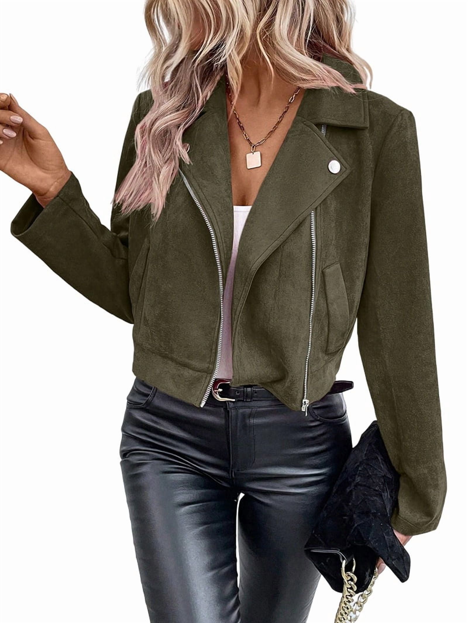 Women'S Cropped Zipper Long Sleeve Suede Faux Leather Blazer Jacket Autumn Fashion Outerwear Green M