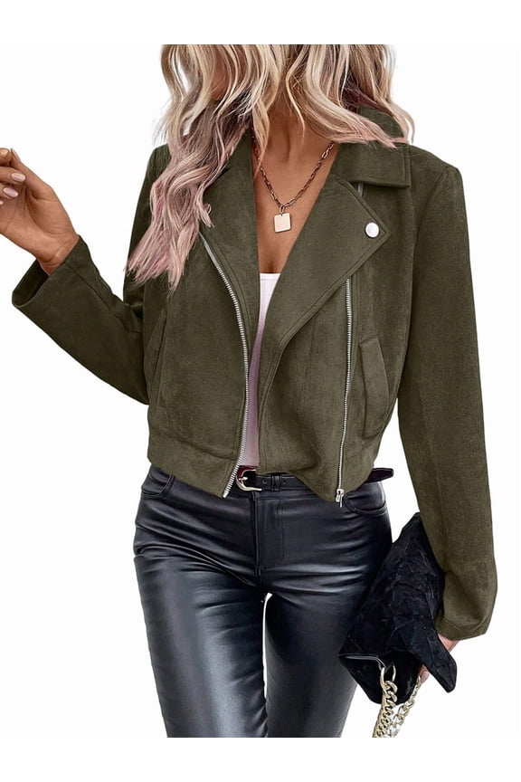 Women'S Cropped Zipper Long Sleeve Suede Faux Leather Blazer Jacket Autumn Fashion Outerwear Green XL
