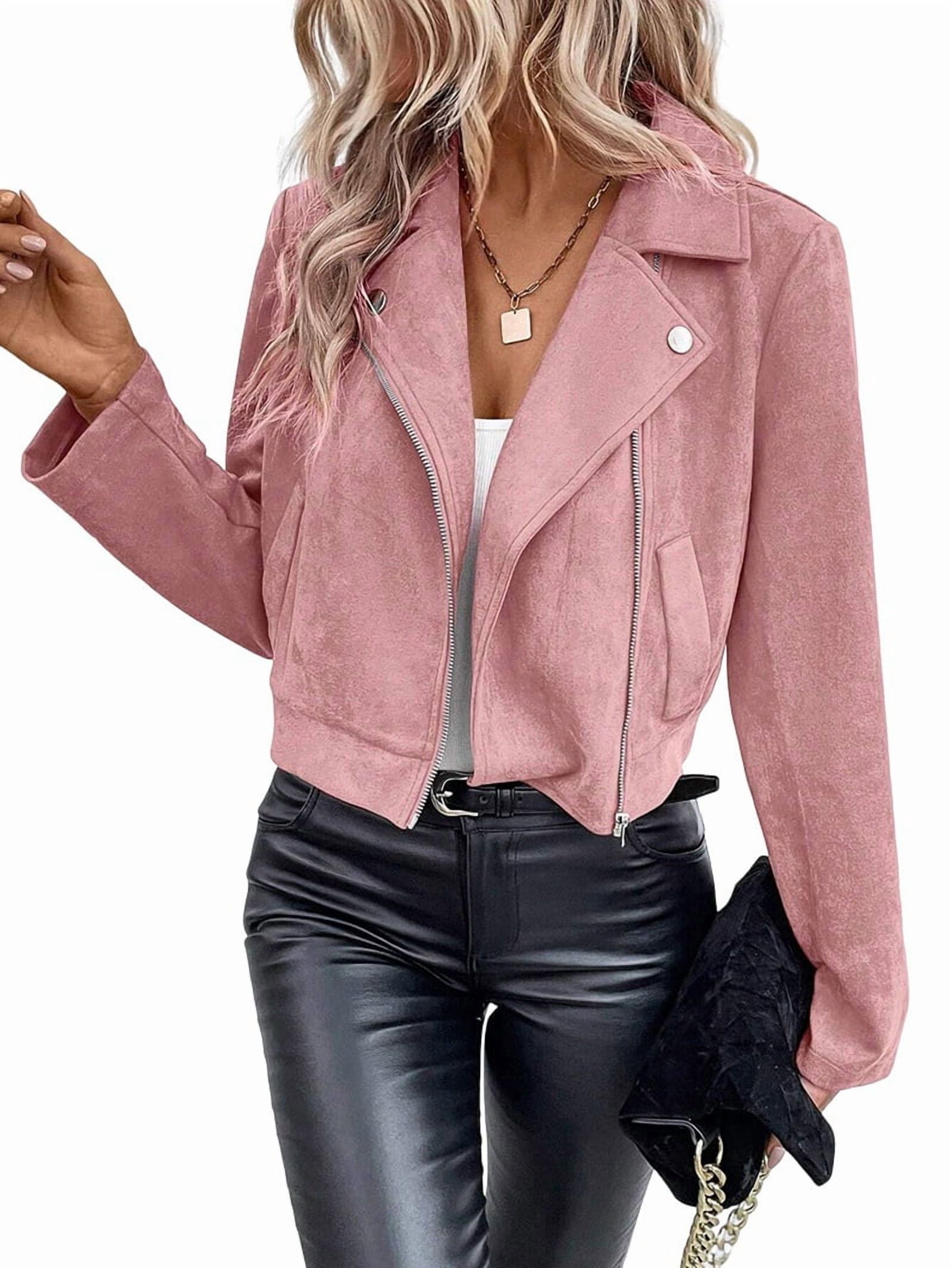 Women'S Cropped Zipper Long Sleeve Suede Faux Leather Blazer Jacket Autumn Fashion Outerwear Pink S
