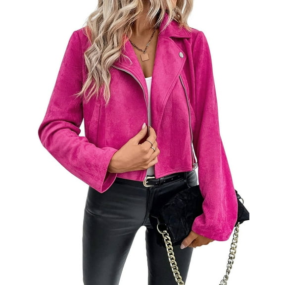 Women'S Cropped Zipper Long Sleeve Suede Faux Leather Blazer Jacket Autumn Fashion Outerwear Rose Red M