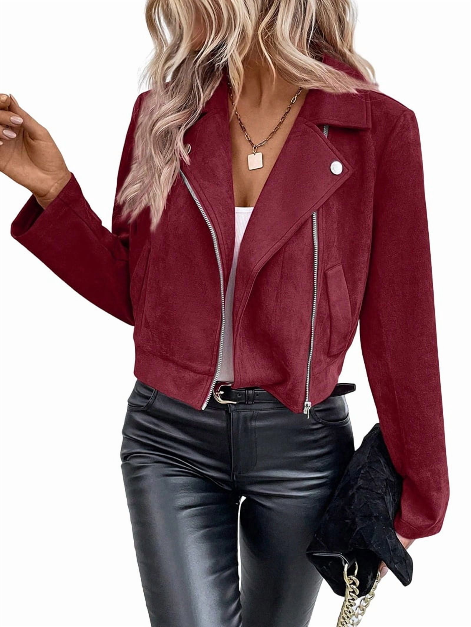 Women'S Cropped Zipper Long Sleeve Suede Faux Leather Blazer Jacket Autumn Fashion Outerwear Wine Red L