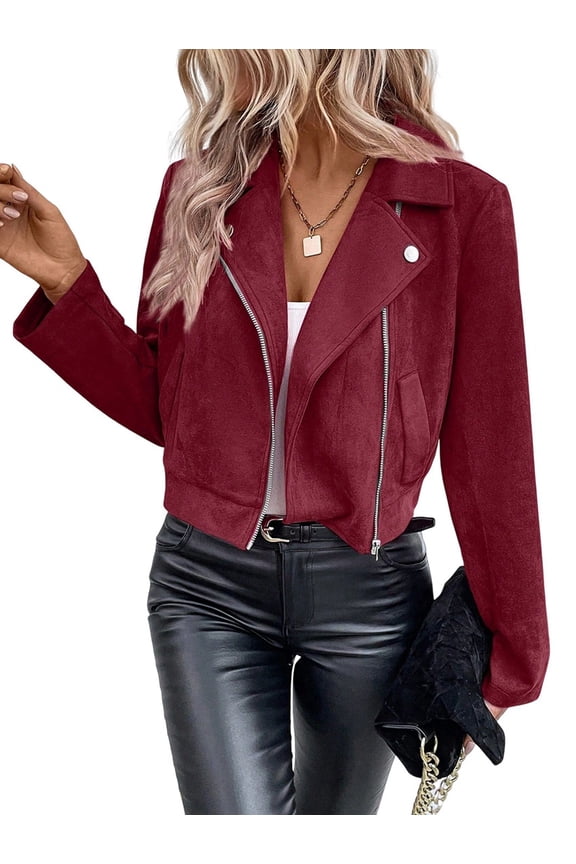 Women'S Cropped Zipper Long Sleeve Suede Faux Leather Blazer Jacket Autumn Fashion Outerwear Wine Red S
