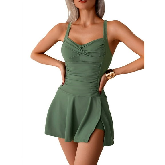 Women'S Crossover Ruched Skirt One Piece Swimdress Swimsuit Bathing Suit Green M