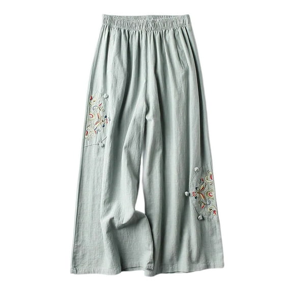 Women' S Culottes Linen Blend Wide Leg Pants Elastic Waist Casual Palazzo Trousers With Pockets Capris