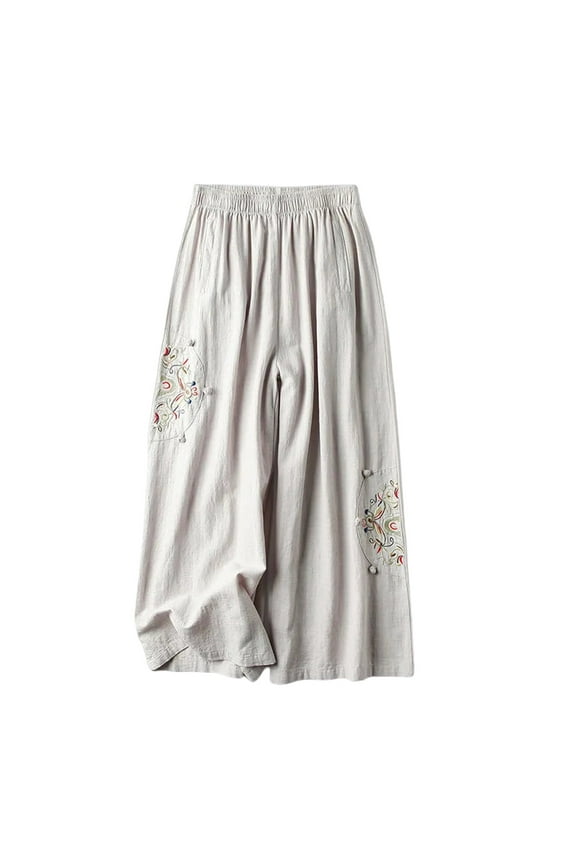 Women' S Culottes Linen Blend Wide Leg Pants Elastic Waist Casual Palazzo Trousers With Pockets Capris