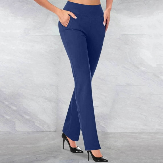 Women'S Curvy Pants Hight Waist Elastic Waist Trendy Casual Temperament Knitted Micro Pull Slim Flare Trousers Solid Color Legging Blue XXL