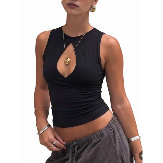 Women'S Cut Out Tank Tops Crewneck Ribbed Knit Sleeveless Slim Fit Vest Shirt Black S