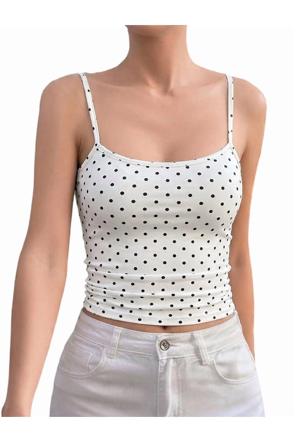 Women'S Cute Cropped Tank Tops Summer Polka Dots Y2K Going Out Basic Sleeveless Camisole Shirts White S