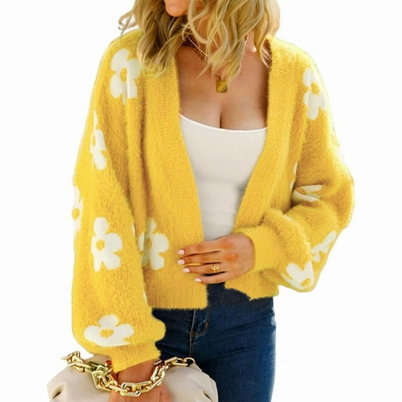 Women'S Cute Daisy Cropped Knitted Cardigand Open Front Long Sleeve Loose Sweater Jackets Outwear Yellow M