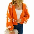 thumbnail image 1 of Women'S Cute Daisy Cropped Knitted Cardigand Open Front Long Sleeve Loose Sweater Outwear Orange White XL, 1 of 8