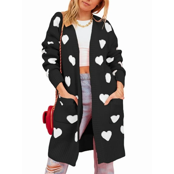 Women'S Cute Heart Long Cardigan Sweater V Neck Open Front Ribbed Knit Sweater Coats with Pockets Black XL