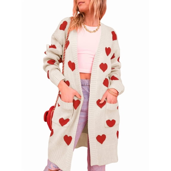 Women'S Cute Heart Long Cardigan Sweater V Neck Open Front Ribbed Knit Sweater Coats with Pockets  L