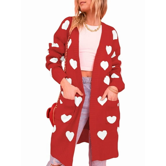 Women'S Cute Heart Long Cardigan Sweater V Neck Open Front Ribbed Knit Sweater Coats with Pockets Red XL