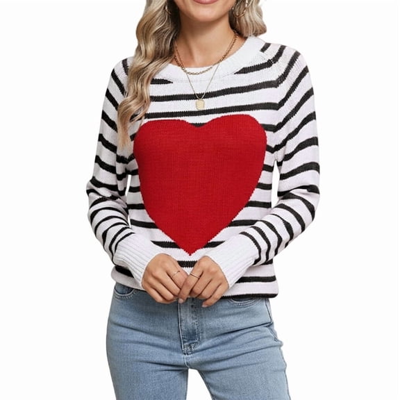 Women'S Cute Heart Sweater Long Sleeve Crewneck Pullover Ribbed Knit Casual Sweaters Black & White L