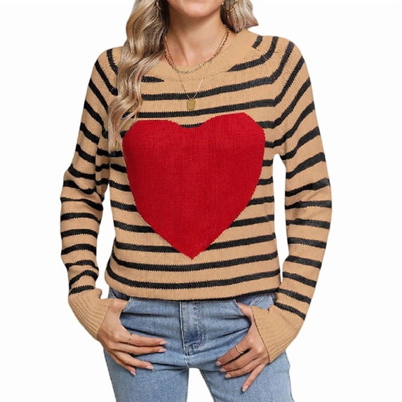 Women'S Cute Heart Sweater Long Sleeve Crewneck Pullover Ribbed Knit Casual Sweaters Coffee