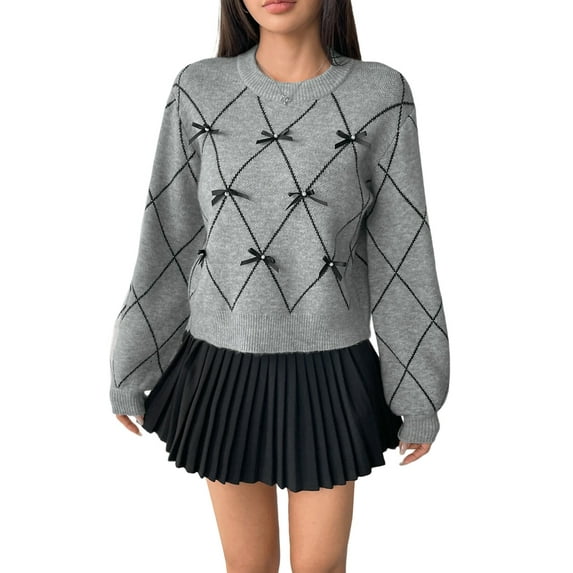 Women'S Cute Sweater Long Sleeve Crew Neck Pullover Vintage Y2K Knit Top Light Gray M