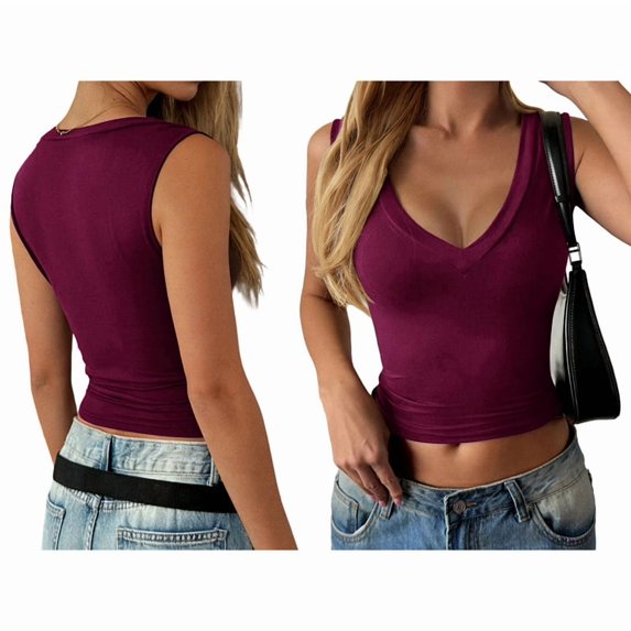 Women'S Deep V Neck Cropped Tank Tops Summer Slim Fitted Top Basic Sleeveless Shirt