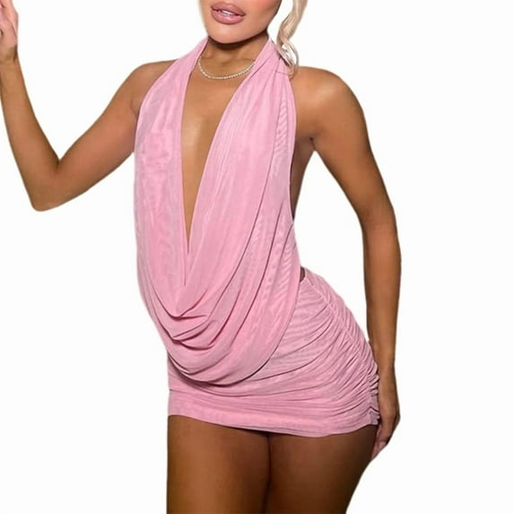 Women'S Deep V Neck Halter Bodycon Mini Dress Sleeveless Party Club Dresses Pink S
