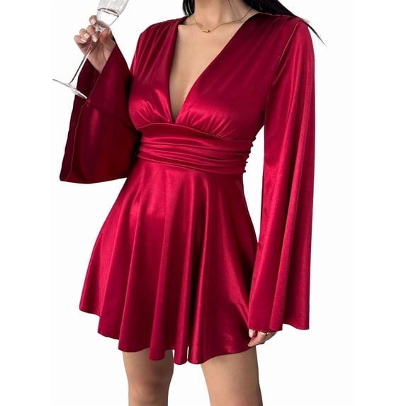 Women'S Deep V Neck Long Sleeve Mini Satin Silk Dress Elegant Flowy Wedding Guest Party Short Dresses Wine Red M