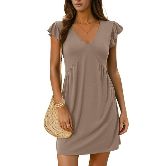 Women'S Deep V Neck Pleated Lotus Sleeve Loose Vest Dress Khaki M