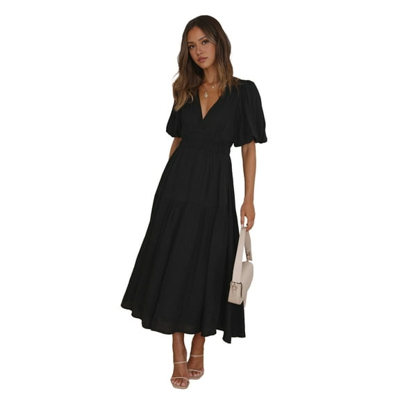 Women'S Deep V Neck Puff Short Sleeve Tiered Dress Elastic High Waist Flowy A Line Midi Dresses Black S