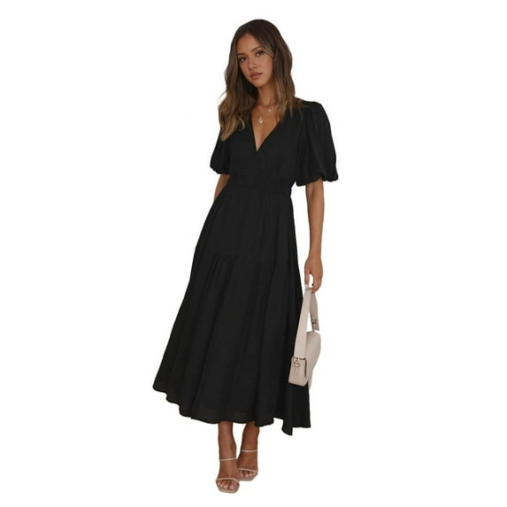 Women'S Deep V Neck Puff Short Sleeve Tiered Dress Elastic High Waist Flowy A Line Midi Dresses Black XL