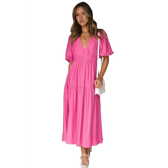 Women'S Deep V Neck Puff Short Sleeve Tiered Dress Elastic High Waist Flowy A Line Midi Dresses Rose Red XL