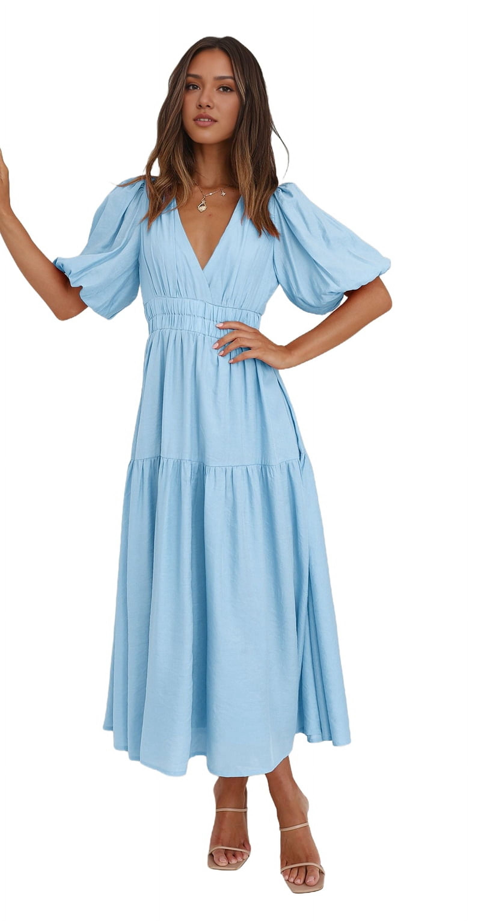 princess polly baby blue dress Women's A&F Emerson Puff Sleeve Midi Dress in Blue Floral | Size L main image 1