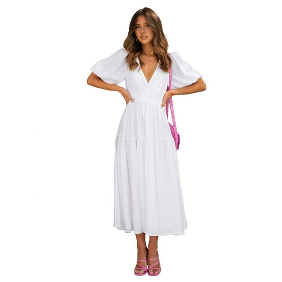 Women'S Deep V Neck Puff Short Sleeve Tiered Dress Elastic High Waist Flowy A Line Midi Dresses White L