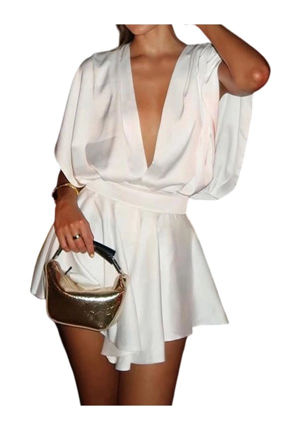 Women'S Deep V Neck Sleeveless Backless Blazer Romper Short Jumpsuit White XL