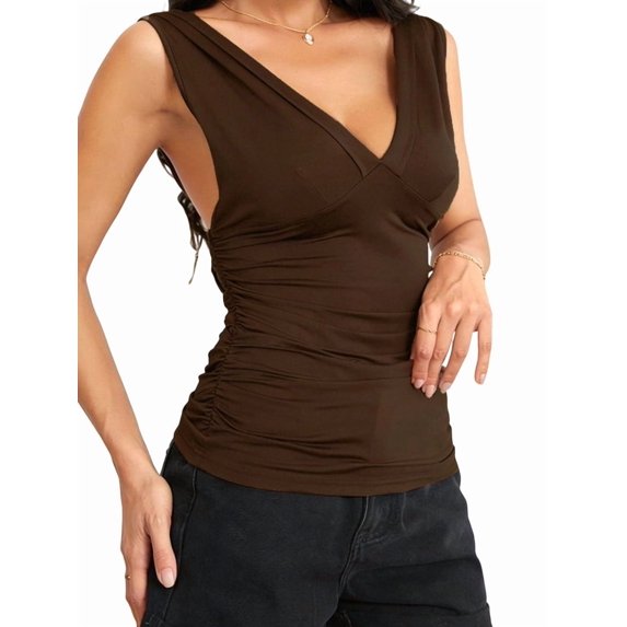 Women'S Deep V Tank Top, Ruched Waist Tight Fitted Camis with Open Back for Layering and Style Brown XL