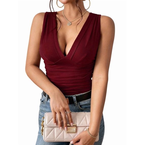 Women'S Deep V Tank Top, Ruched Waist Tight Fitted Camis with Open Back for Layering and Style Wine Red L
