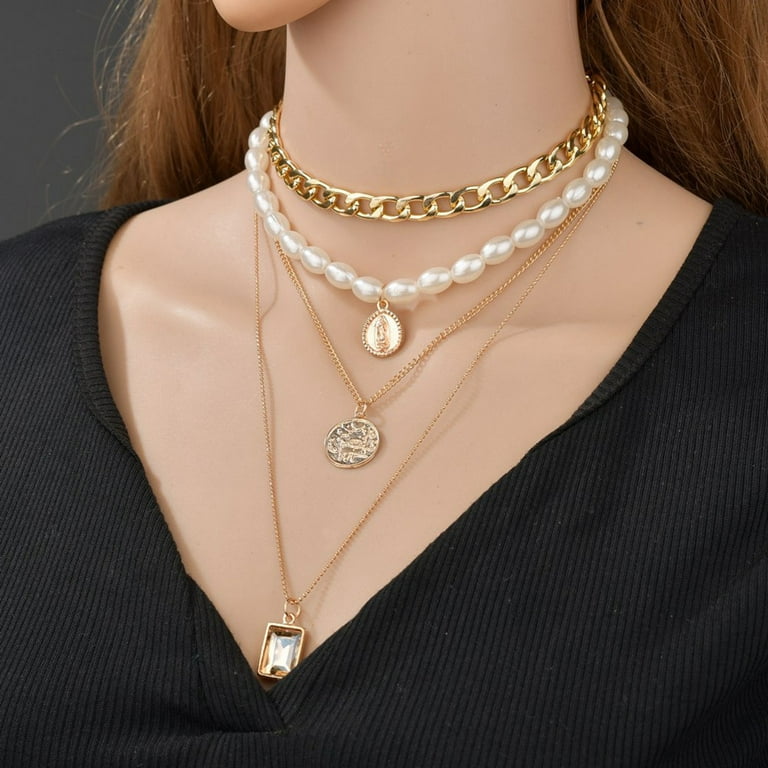 Women'S Delicate Layered Necklace Necklace Pearl Pendant Adjustable Punk  Necklace Set 
