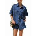 thumbnail image 1 of Women'S Denim 2 Piece Outfits Short Sleeve Button Down Shirt Drawstring Shorts Set Casual Jean Outfits Dark Blue S, 1 of 7