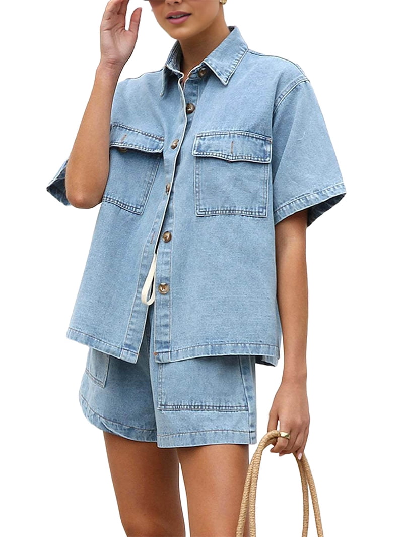 Women'S Denim 2 Piece Outfits Short Sleeve Button Down Shirt Drawstring — free download