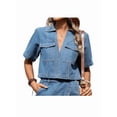 thumbnail image 1 of Women'S Denim 2 Piece Outfits Summer Lapel V Neck Crop Top Jean Skirt Shorts Set with Pockets Dark XL, 1 of 10