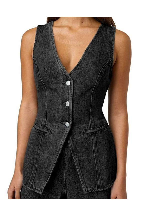 Women'S Denim 2 Piece Set Casual Sleeveless V Neck Jean Vest Tops and High Waist Shorts Outfit Tracksuits Black L