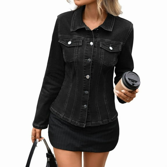 Women'S Denim Jacket Button Up Long Sleeve Basic Trendy Jean Jacket Coat with Pockets Black & Grey M
