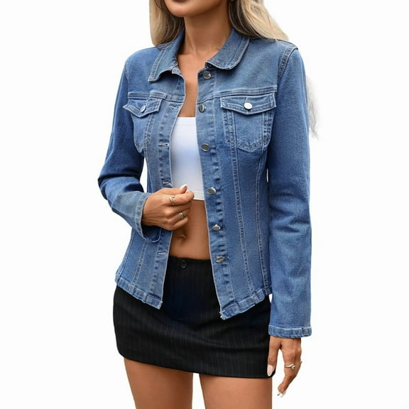 Women'S Denim Jacket Button Up Long Sleeve Basic Trendy Jean Jacket Coat with Pockets Blue M