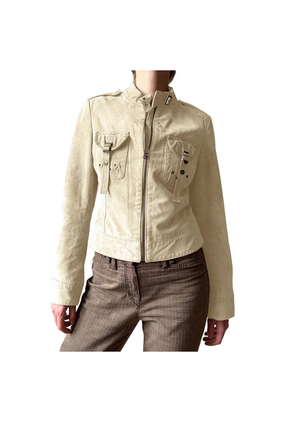 Women'S Denim Jacket Casual Vintage Zip Up Jackets with Pckets Fall Fashion Motorcycle Coats Khaki M