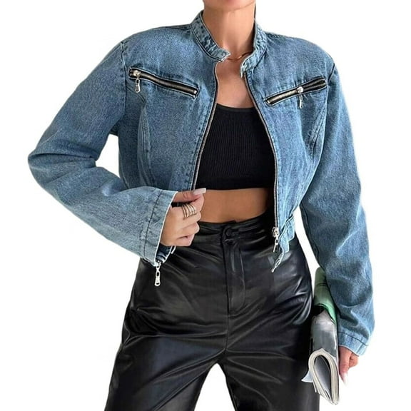 Women'S Denim Jacket Jean Trendy Soft Cropped Zipper Fitted Vintage Jacket Light Blue XXL