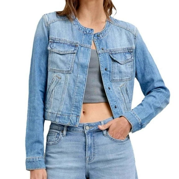 Women'S Denim Jacket Long Sleeve Button Down Outerwear Chest Pockets Casual Jean Shacket Light Blue XL