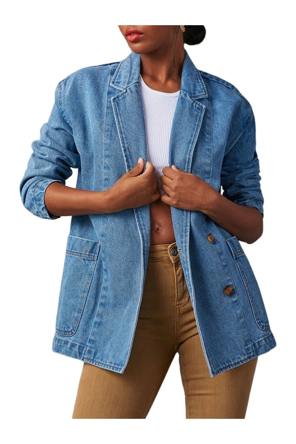 Women'S Denim Jacket with Pocket, Y2K Vintage Autumn Winter Loose Lapel Single-Breasted Cardigan Coat Blue M