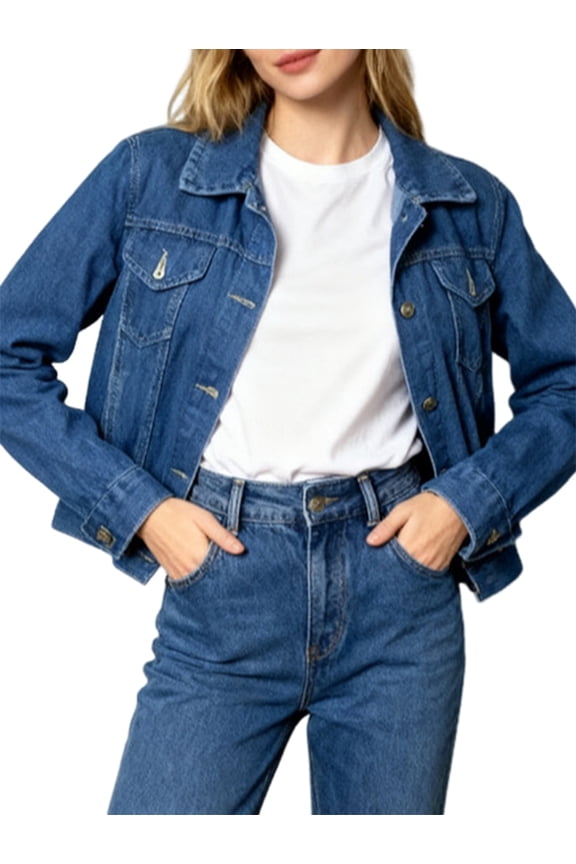 Women'S Denim Jackets Cropped Long Sleeve Basic Button Down Crop Jean Shacket with Pockets Blue M